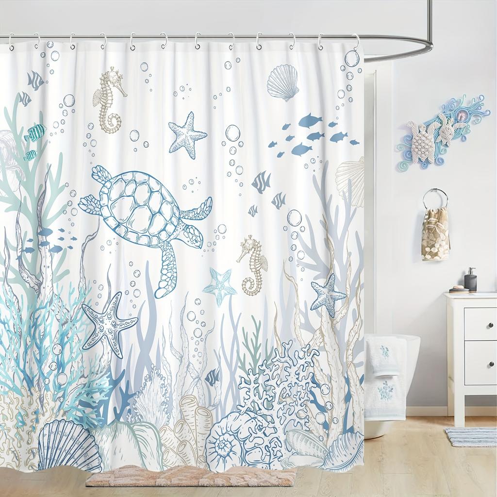 1Pc Nautical Coastal Turtle Shower Curtain - Ocean Themed With Coral, Starfish & Seahorse, 12 Hooks, Bathroom Decor