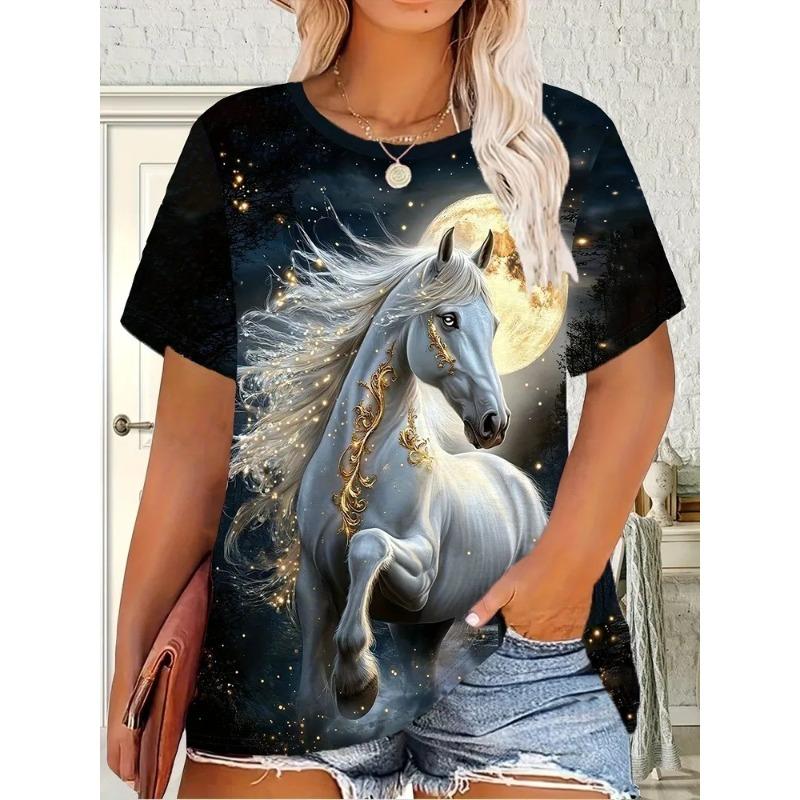 Haut décontracté à manches courtes et col rond avec imprimé animal cheval pour femme