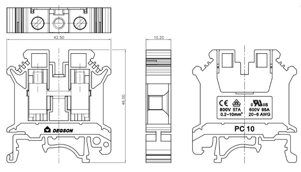 Through Screw Terminal Block for DIN Rail TH35 Black 10mm² 1-Pole