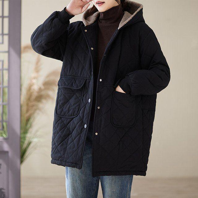 Women's Mid-Length Quilted Cotton Jacket with Hood – Warm Lambswool, Available in Orange-Red, Coffee-Green, Black