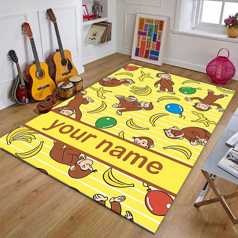 Custom Curious George Mat Personalized Name, Polyester Washable Indoor Entryway Rug, Gift for Christmas, Easter, Thanksgiving Day
