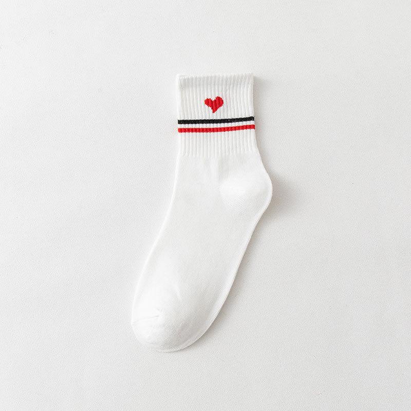 Autumn and Winter Women's Socks Mid-calf White Cartoon Student Bear Rainbow Letter Heart Smiling Face Striped Sports
