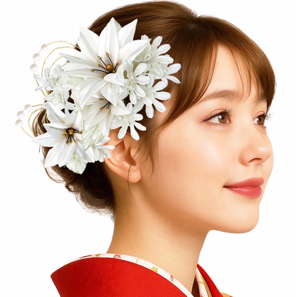 

Hair Ornament Set with Lily and Mizuhiki Pearl for and Hakama 4-Piece Design, Beads, Coming-of-Age Ceremonies, Weddings, Graduations, (White) kk-033 білий