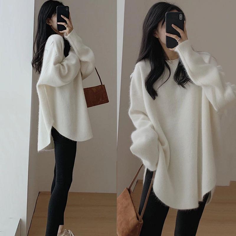Medium and Long Sweater Women's Autumn and Winter Gentle Lazy Wind Solid Color Knitted Bottoming Shirt with Top