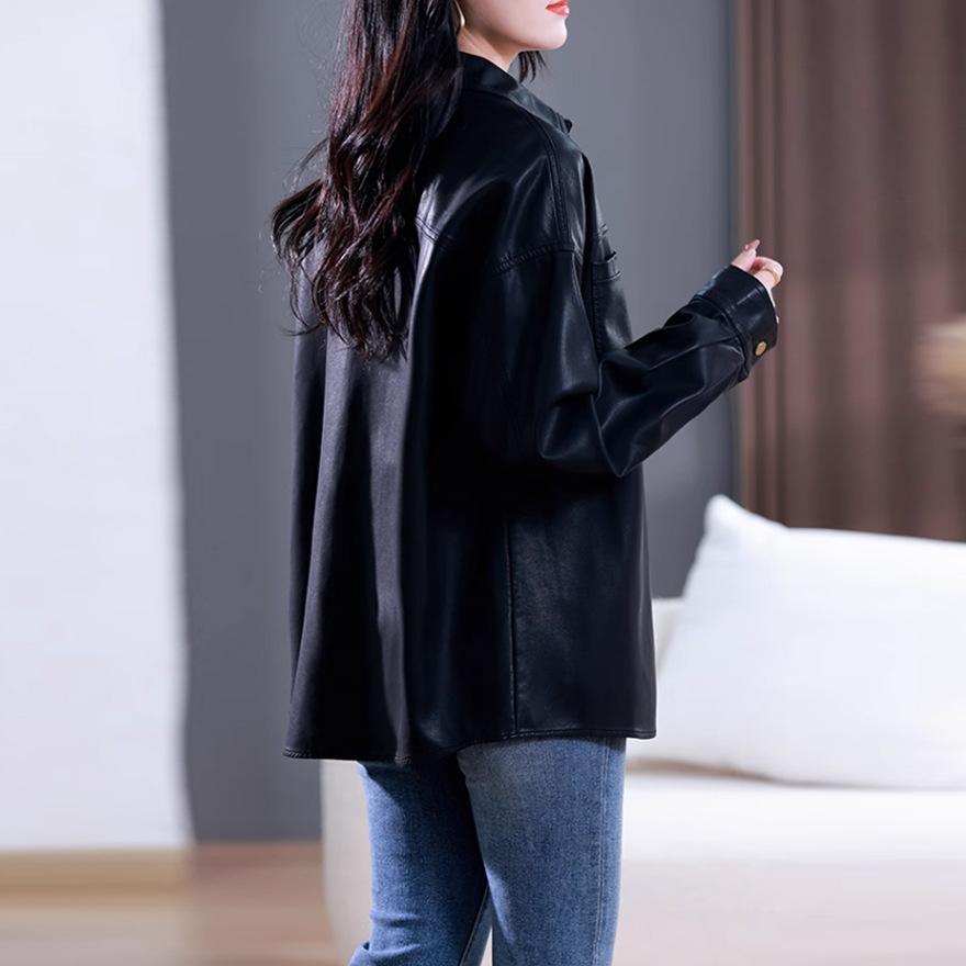 Black Leather Shirt Jacket Women's Spring and Autumn Medium and Long Spring and Autumn New Retro Small Handsome Locomotive Clothes