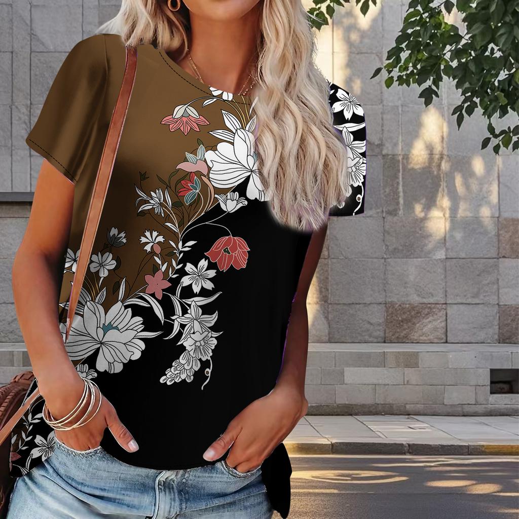 Women Summer T Shirt Flower Print Retro Fashion Short Sleeve Tees Casual   Printed  Tops
