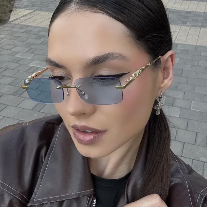 Protective Glasses 2pcs Rimless Leopard Metal Square Sunglasses Women Fashion Colorful Lens Design Sun Glasses Outdoor Shades