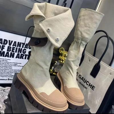 Women Platform Denim Chelsea Knee High Boots Winter Shoes  Designer New Flats Goth Motorcycle Boots Casual Shoes Snow Botas
