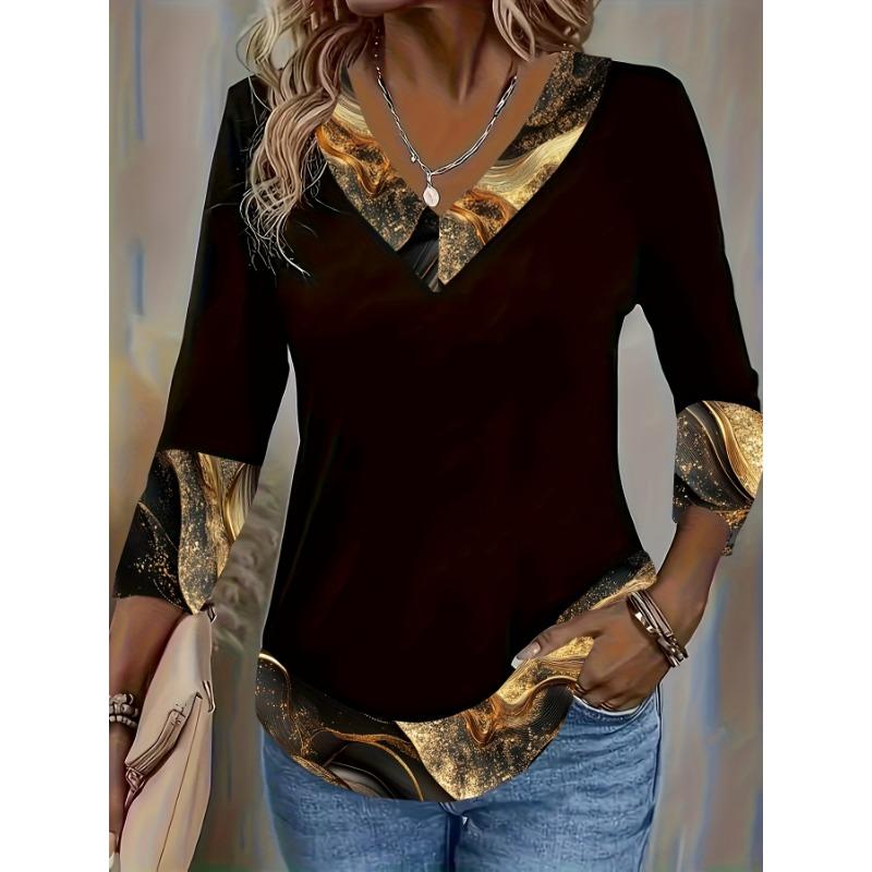 Women s V-Neck Patchwork Gradient Print Elegant Three-Quarter Sleeve T-Shirt S