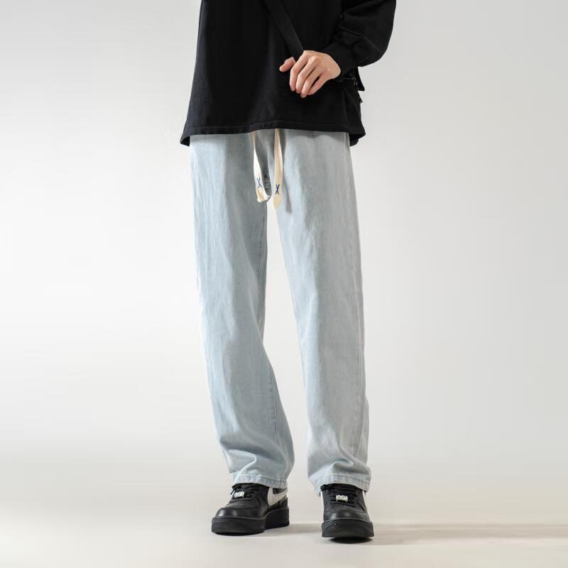 Dingfengbaoluo Men's Washed Retro Straight-Leg Jeans