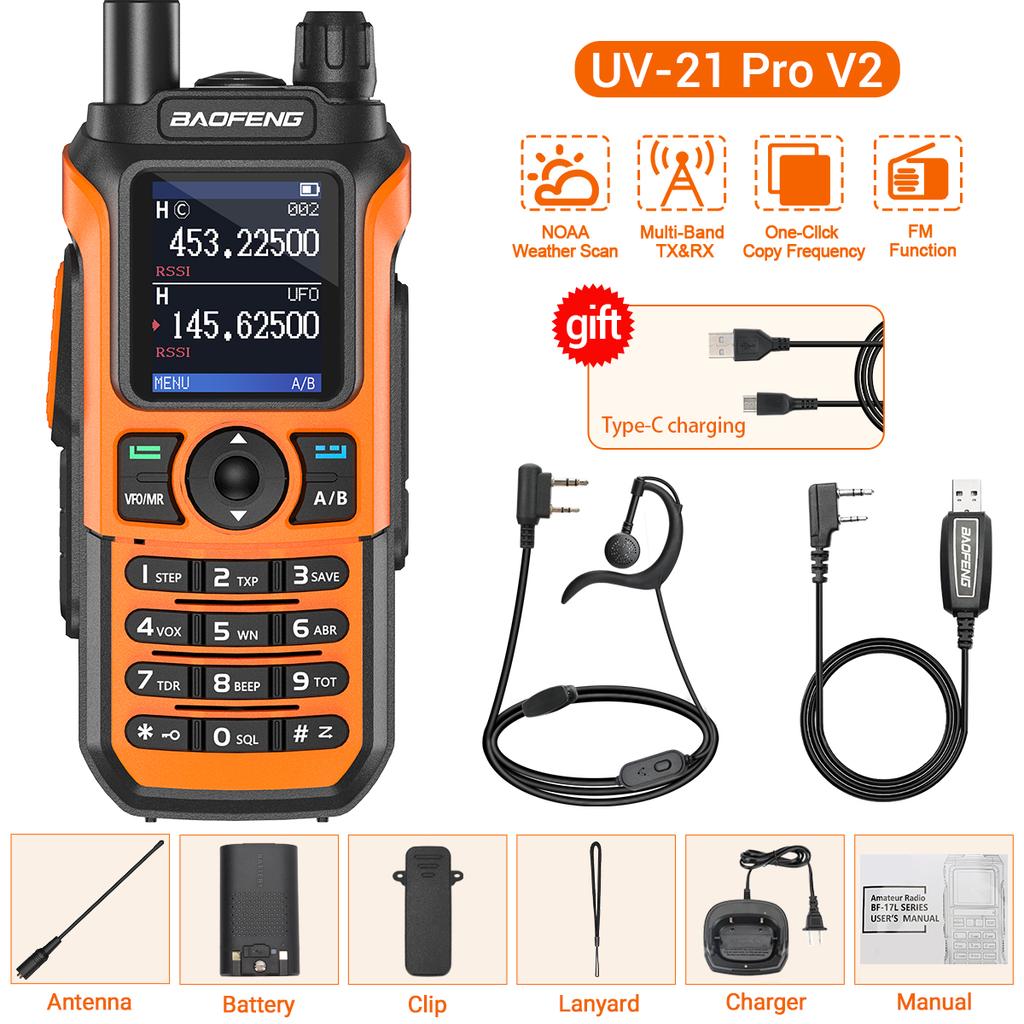 Baofeng UV-21 Pro Walkie Talkie Long Range Air Band Wireless Copy Frequency VHF UHF Type-C Rechargeable Upgrade UV-5R Ham Radio