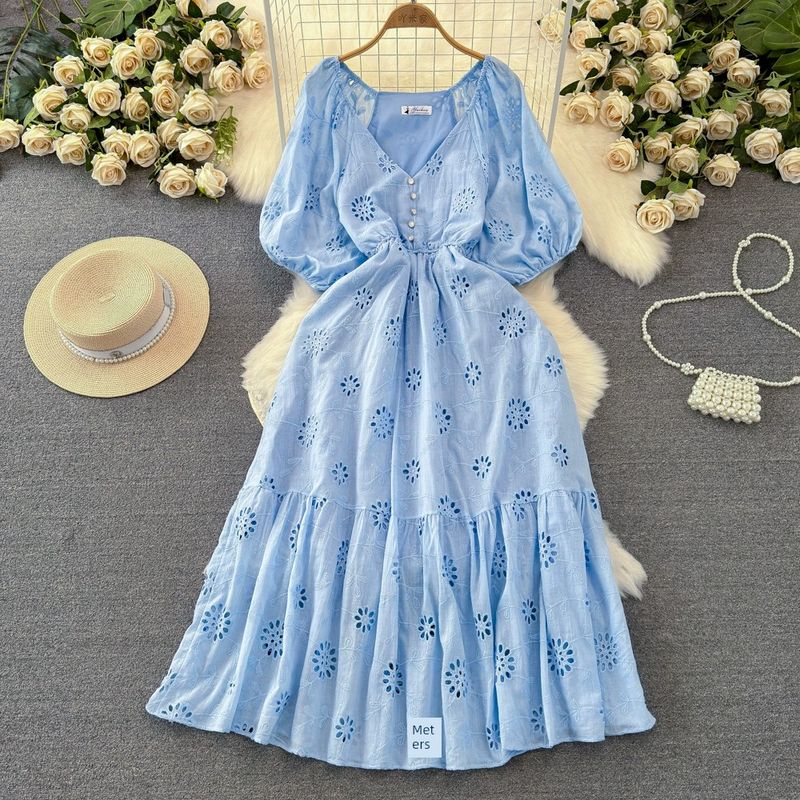 

A- line Cut Out Embroider Dress Elegance Large Swing Short Sleeve Blue All yards