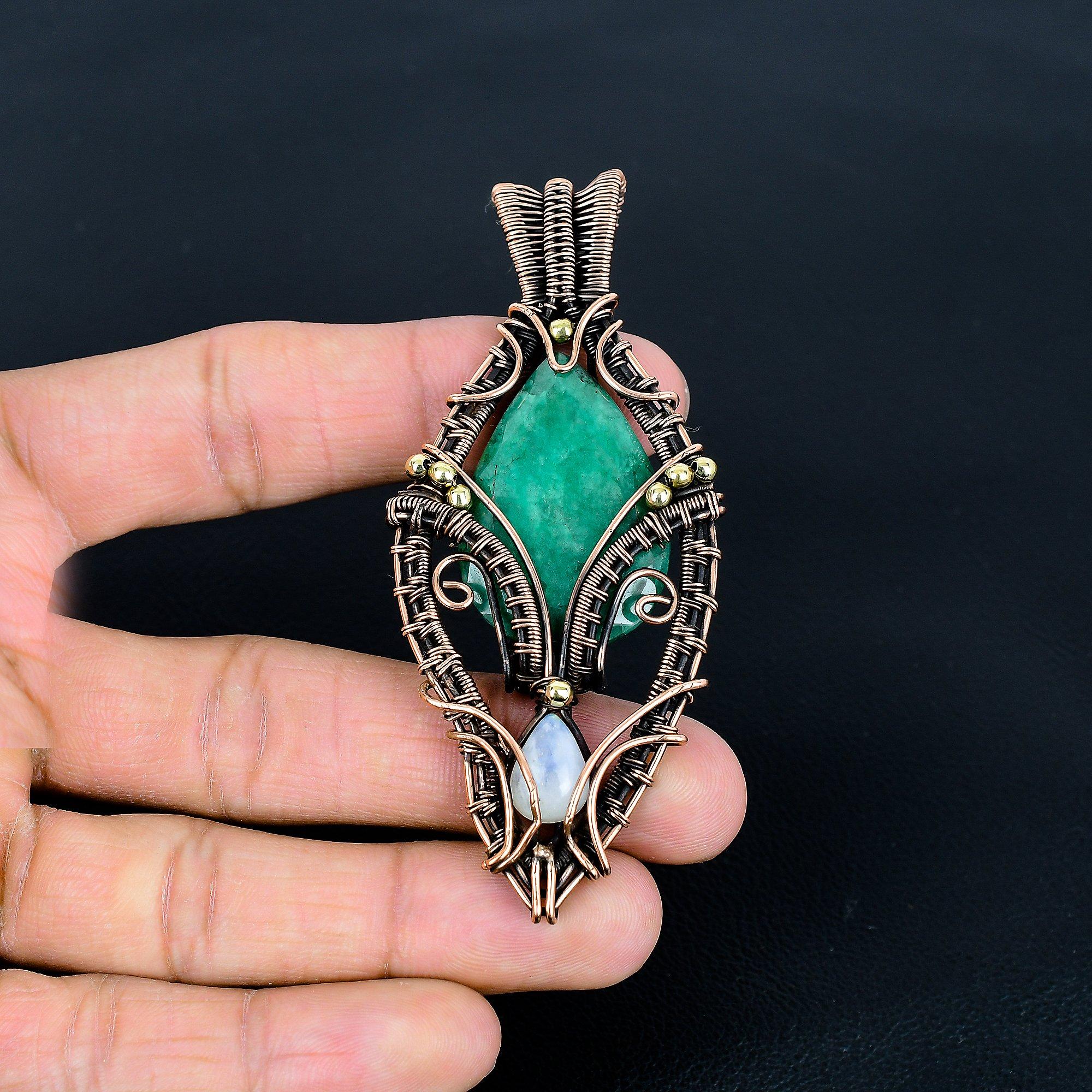 

Emerald & Moonstone Pendant, 999 Copper Wire Wrapped Pendant Gemstone Jewelry, Handmade Pendant Amazing Jewelry, Gift For Her 3.54 Inches