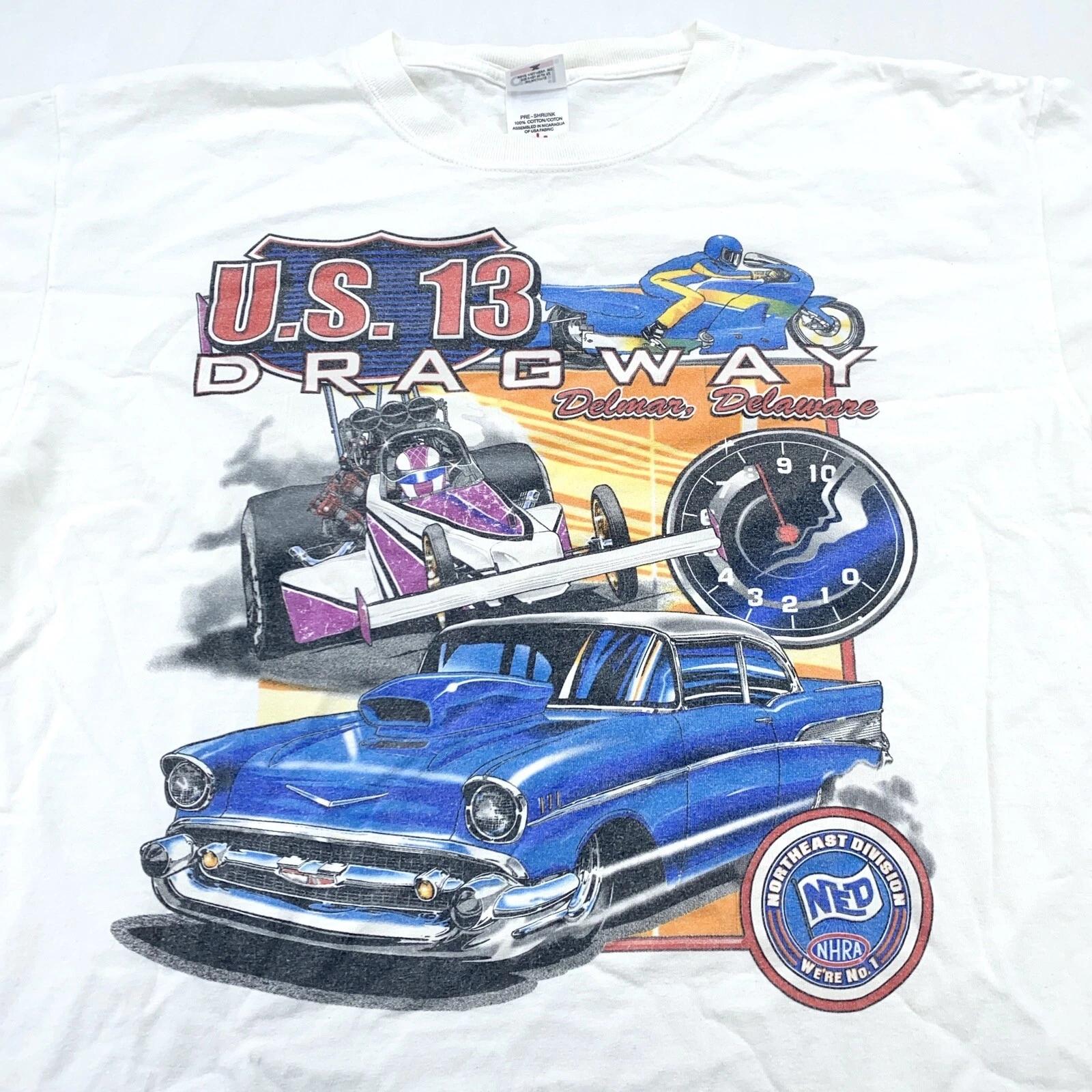 vintage 90s NHRA U.S. 13 DRAGWAY DELMAR DELAWARE T-Shirt LARGE hot rod racing M