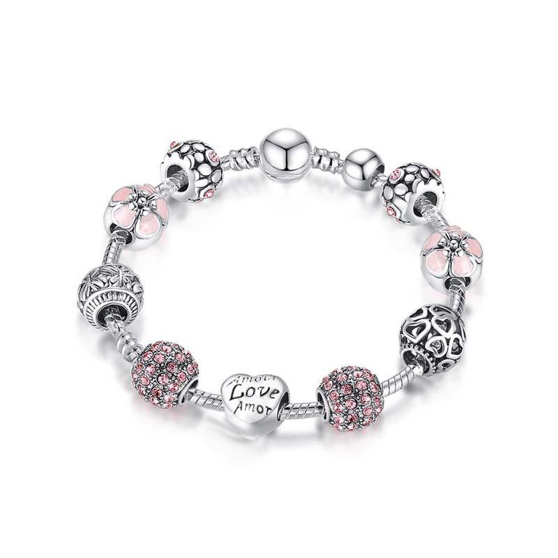White Round Beaded Bracelet with Pandora DIY Drip Oil Large Hole Bead