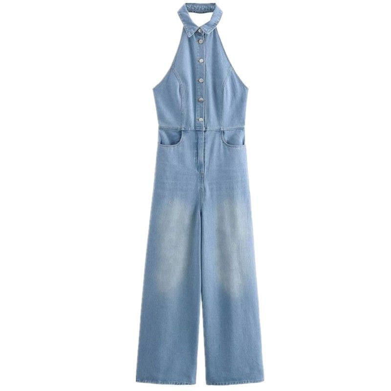 Fashion Style 2024 Autumn New Arrival Women's Stylish Hanging Collar Easiest for Match Denim Jumpsuit Pants 6147125
