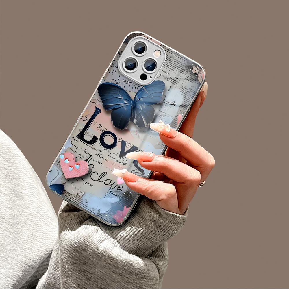 Shining Butterfly Phone Case Metallic Lacquer Tempered Glass Shockproof Cover for iPhone Samsung Huawei Honor Xiaomi Redmi OPPO Realme OnePlus Vivo