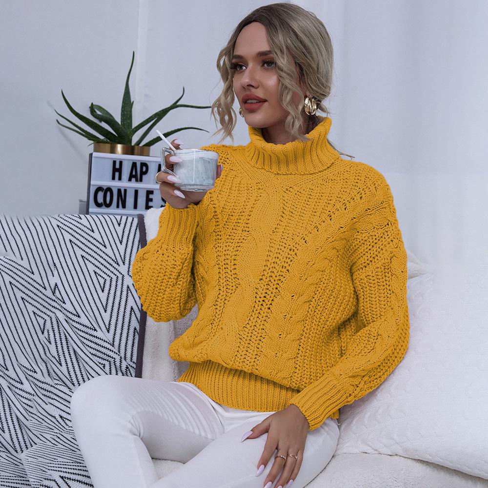 European & American Style Solid Color Cable Knit Turtleneck Sweater - Versatile Autumn/Winter Pullover