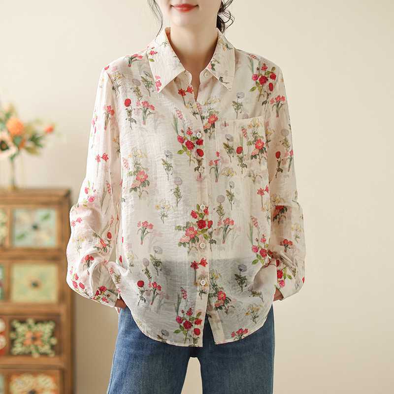 

Винтажная рубашка с цветочным принтом для весны и лета, стильная тонкая рубашка с длинными рукавами, солнцезащитный топ, женская одежда, блузки, рубашки 2XL