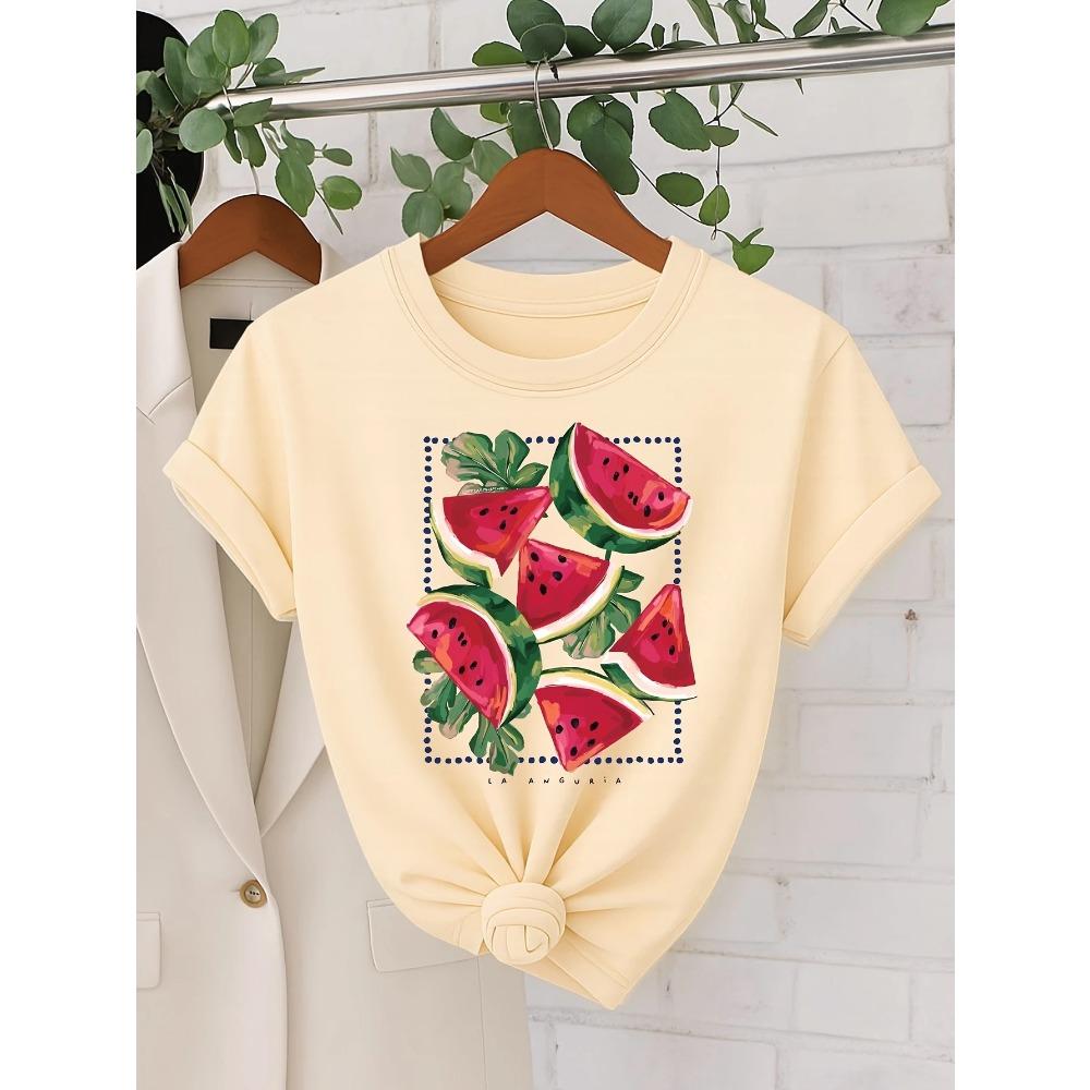 Watermelon Print Minimalist Style T-shirt for Women's Casual Round Neck Short Sleeved Top Daily Soft Fruit Print Clothing