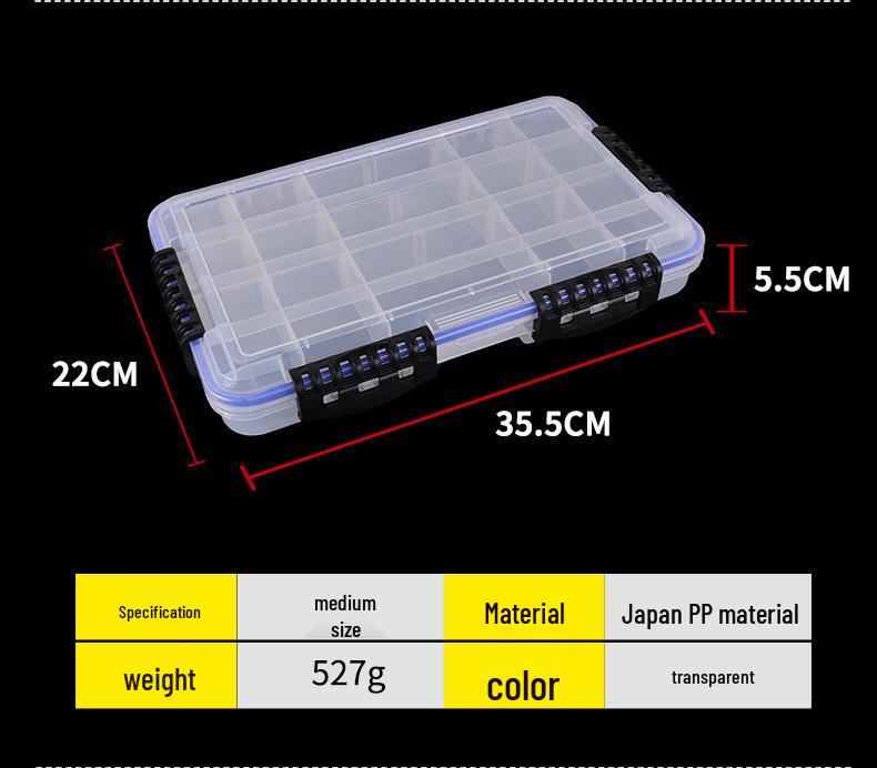 Wasserdichte Köderaufbewahrungsbox mit herausnehmbaren Trennwänden und großem Fassungsvermögen, gesichert mit Kombinationsschnallen für Angelzubehör.