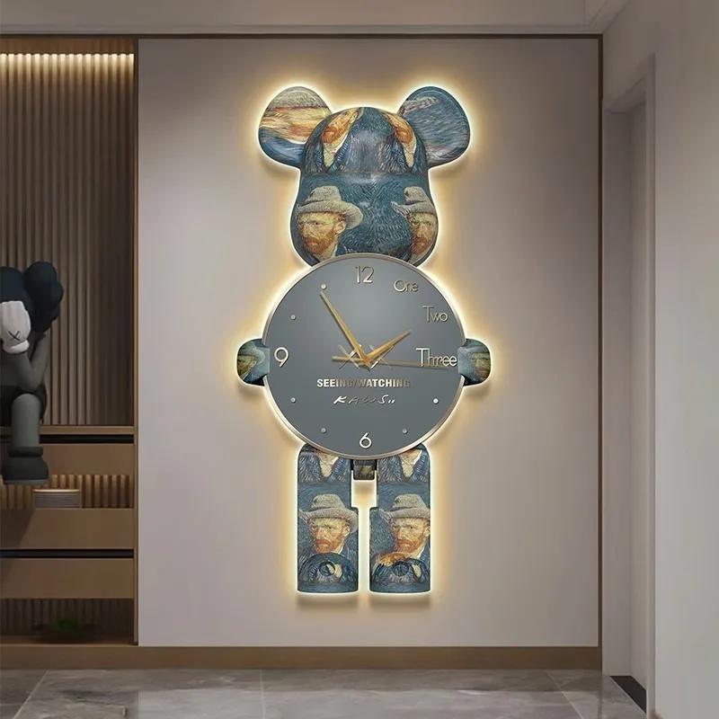 Modern Light Wall Clock Bear Large Led Clocks Wall Home Decor Crystal Silent Wall Watch Interior Lamp Living Room Decoration