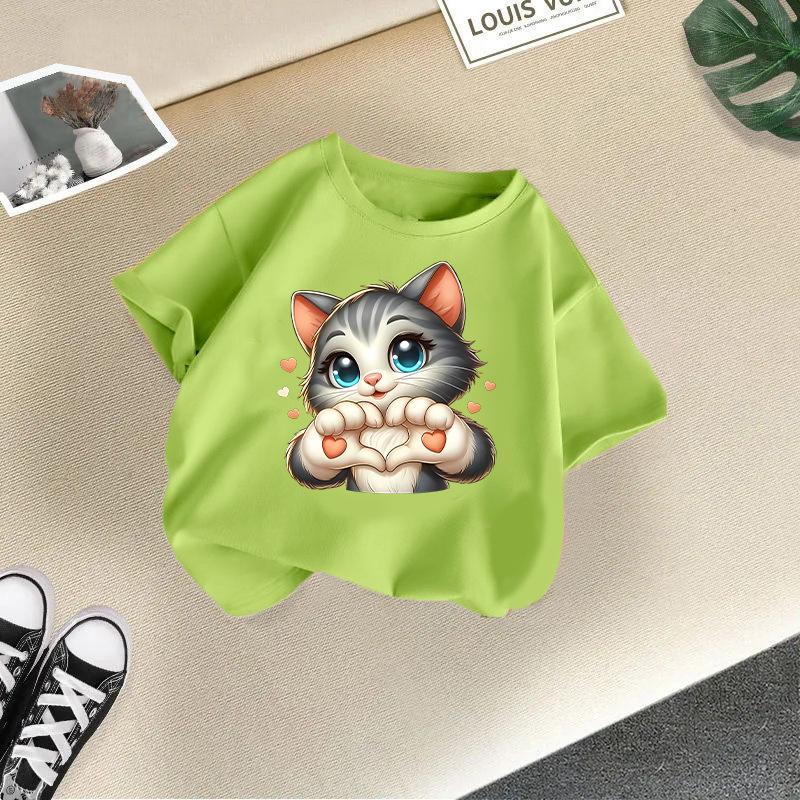 Children s casual short-sleeved t-shirt - Summer Boys  and Girls  Casual Cute Cat T-shirt 100cm