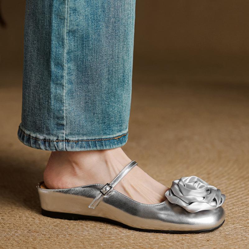 

Summer women s baotou slippers new comfortable leather silver women s slippers beef tendon soft bottom large size casual cool slippers 40 серебряный