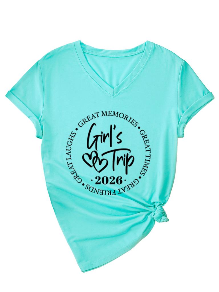 Casual and Comfortable Women's Girl's Trip Temperament V-neck Short-sleeved T-shirt