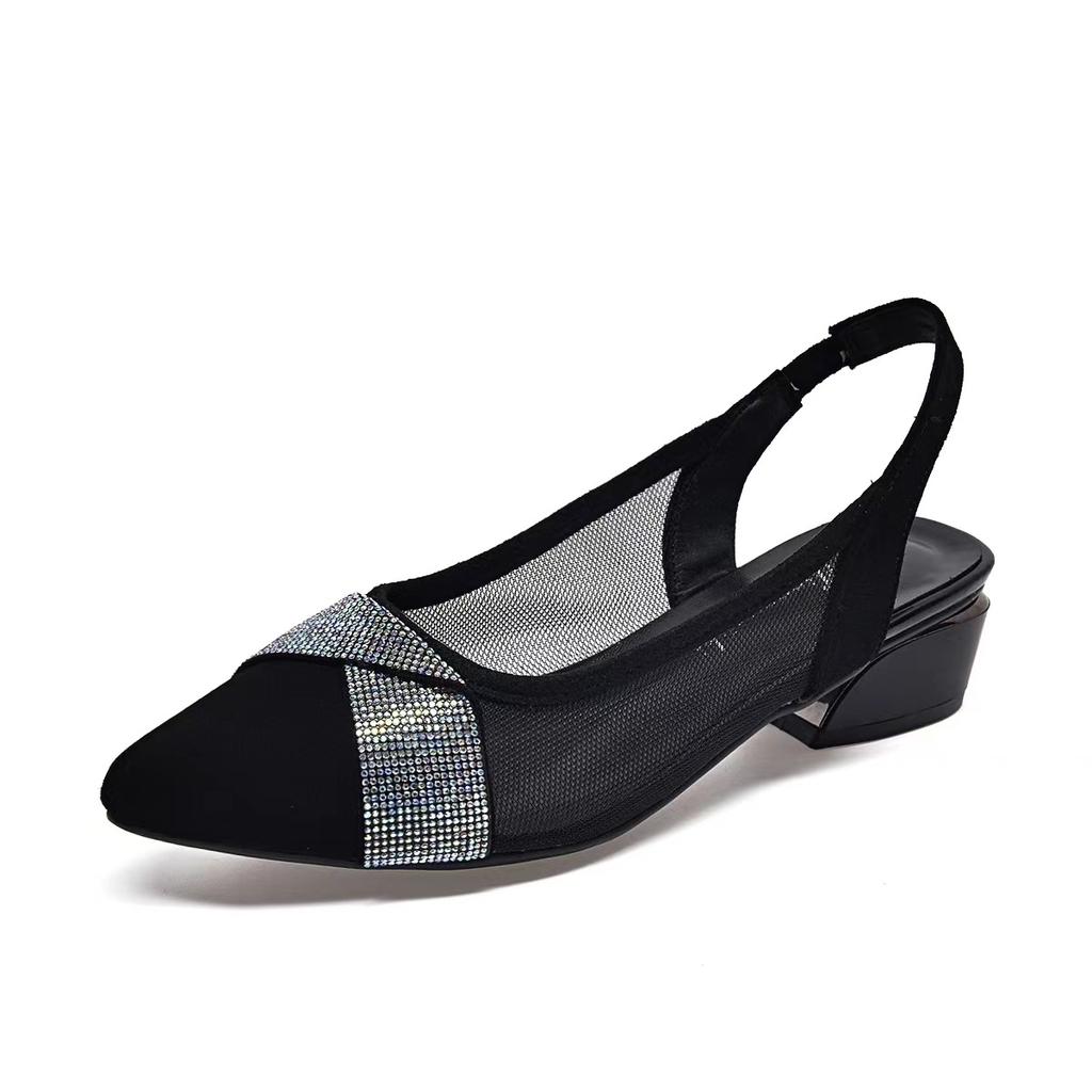 Pointed high-heeled sandals women's 2025 summer new mesh rhinestone rear empty sandals two high-temperament fashion shoes