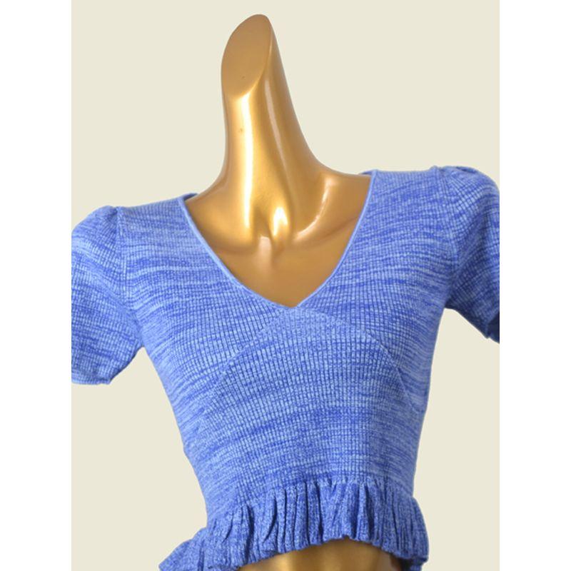 Export Ruffle V-neck Knitting Short-Sleeved T-shirt Export High Waist Short Puff Sleeves Sweet Sexy Chic Bottoming Shirt