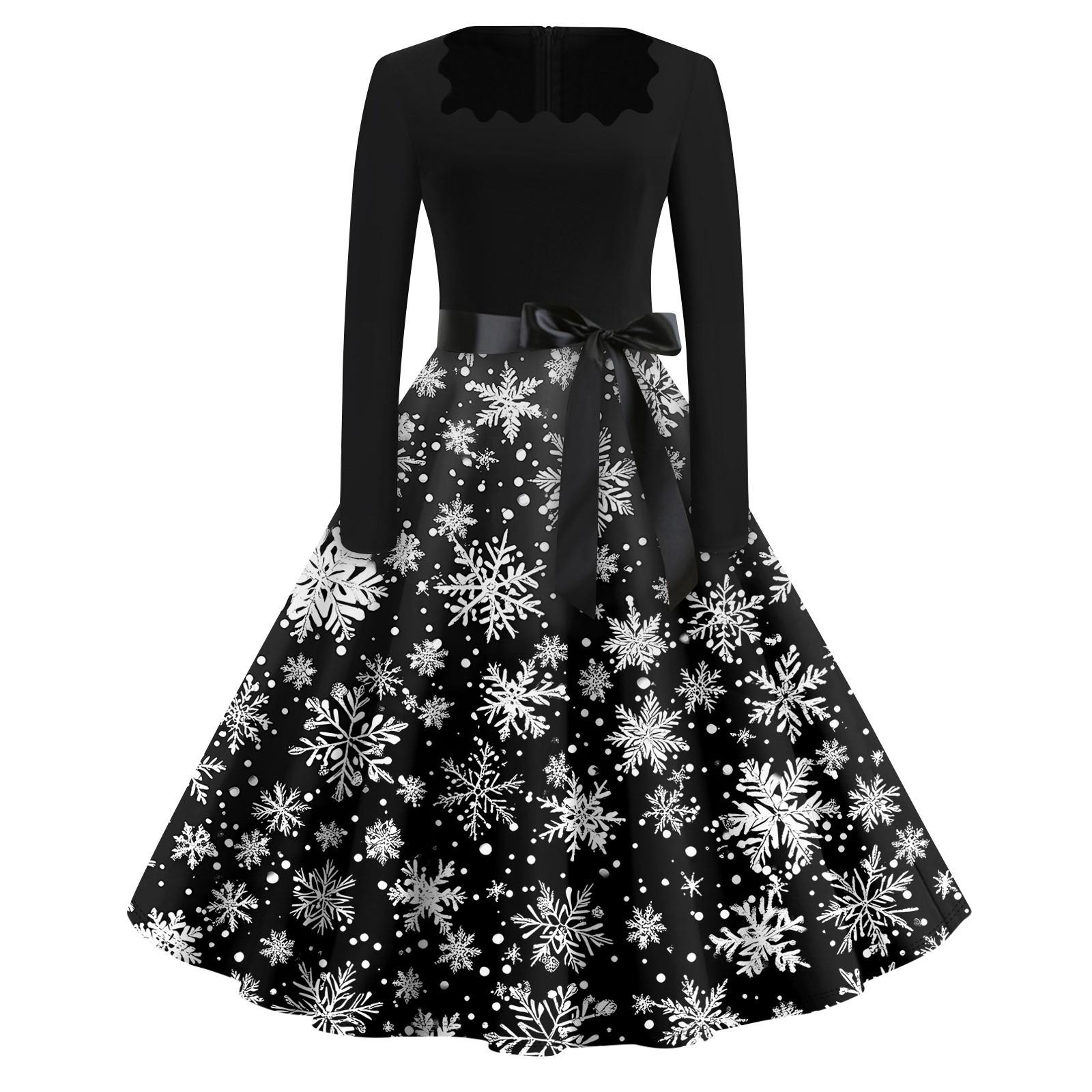 

Рождественский принт расклешенное платье для женщин платье с длинным рукавом ажурное вечернее повседневное платье с квадратным воротником XXXL белый