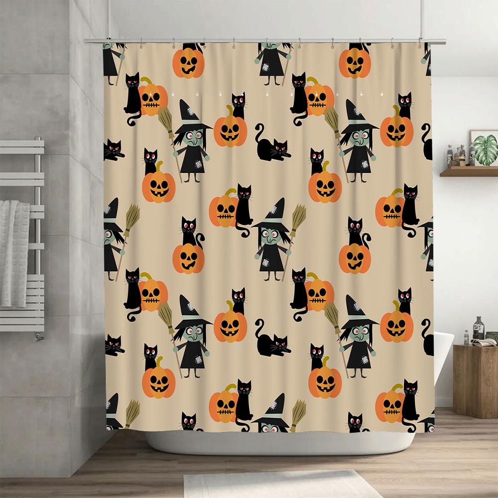 Halloween-themed shower curtain with witch cat pattern for home decor in bathroom accessories