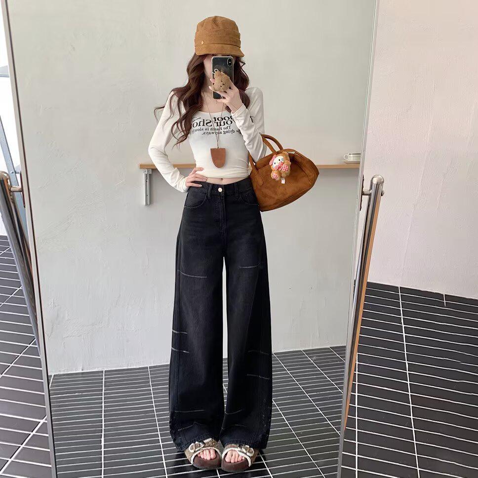 

Women s High-Waisted Retro Straight-Leg Jeans - Black/Gray, Slimming & Floor-Length, Spring/Autumn 2026 Collection 2XL чёрный