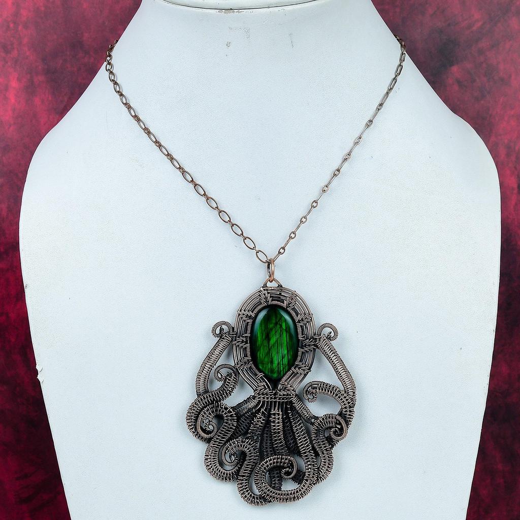 Green Fire Labradorite Real Gemstone Pendant Octopus Copper Wire Wrapped Jewelry