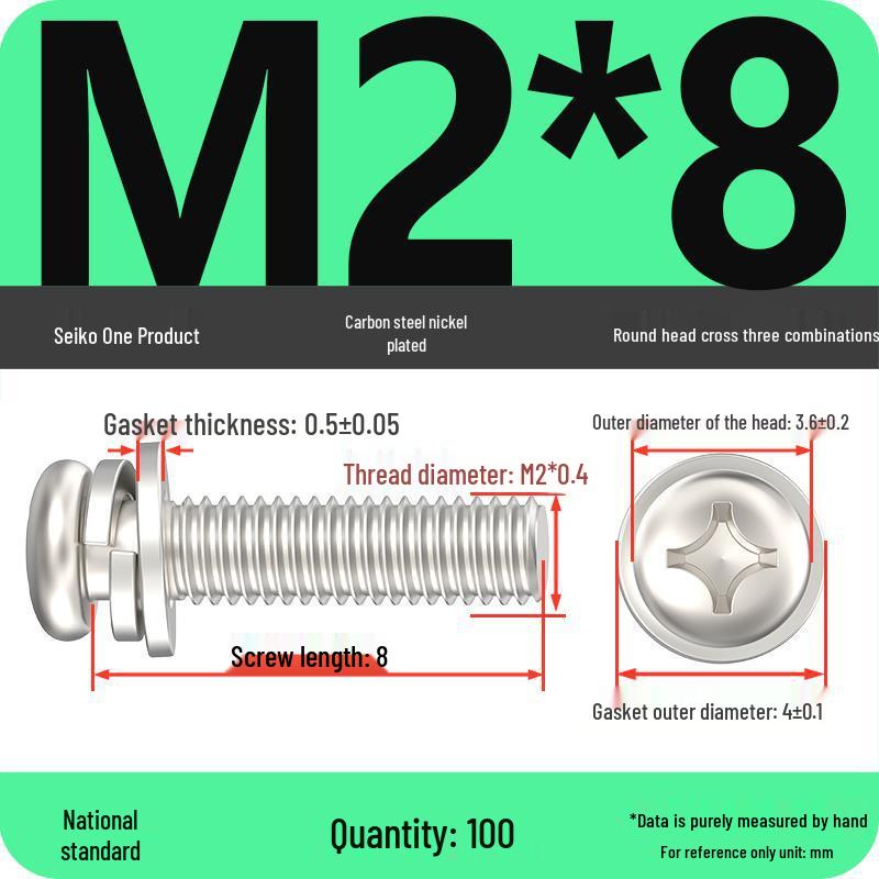 Nickel-Plated Phillips Pan Head Screw with Washer, M2-M6 Thread