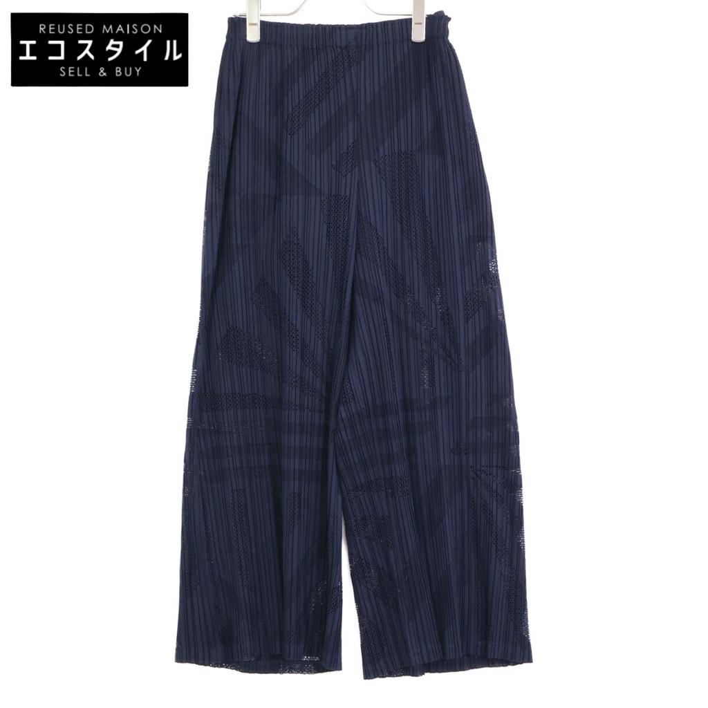 PLEATS PLEASE 20Stainless Steel PP01-JF724 Navy Pleated Cutwork Pants Bottoms 3 NavyUsed