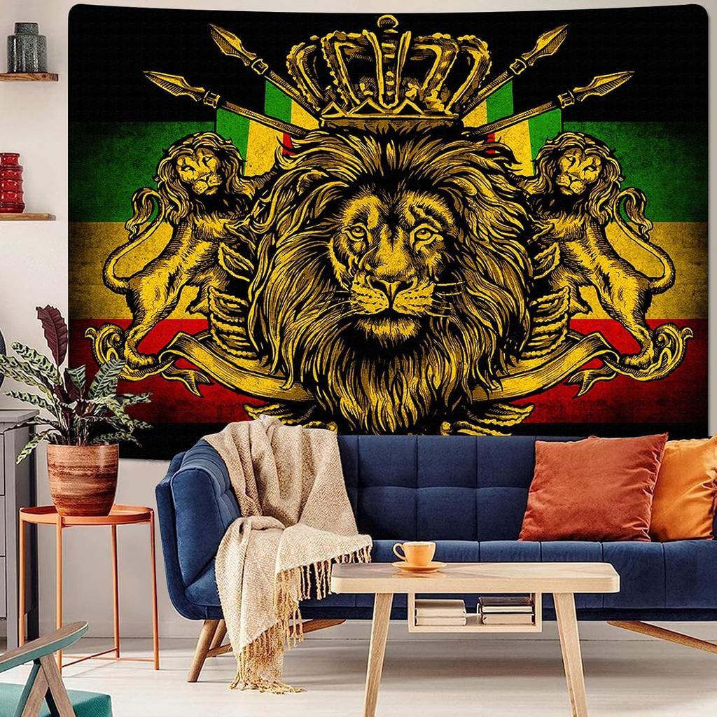 Vintage Royal Lion Crown Tapestry, Rasta Reggae African Flag Print Wall Art for Bedroom Living Room Dorm Apartment Decor