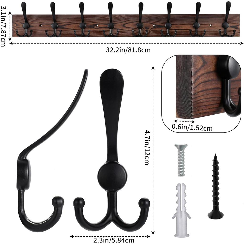 Wooden Wall Coat Rack with 8 Triple Hooks for Hanging Coats Backpacks Rustic Large Coat Hanger for Mudroom, Farmhouse Entryway