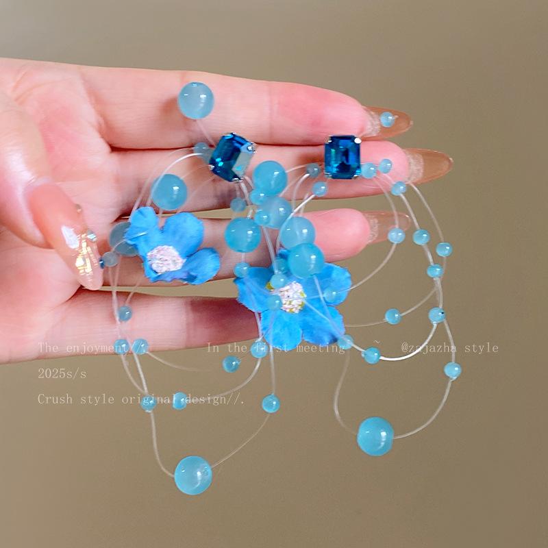 Glass beads flower fringed earrings summer dopamine sweet stud earrings temperament atmosphere earrings women