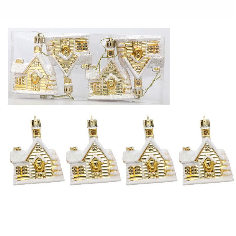 Christmas Supplies Red Gold Snow House Shape Christmas Tree Pendant Home 2025 New Year Decoration Xmas Tree Decors 4PCs/Set