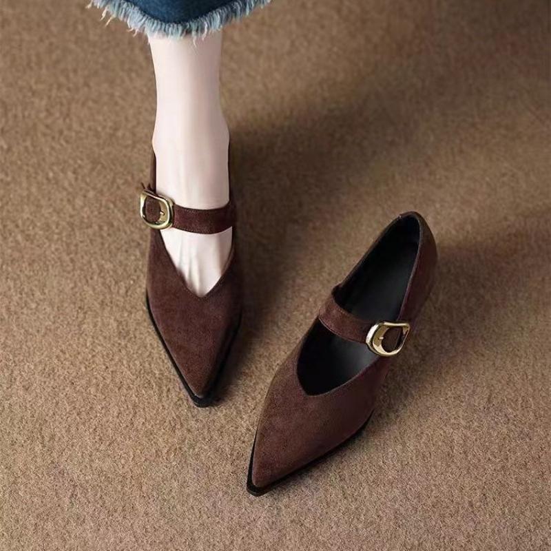 2026 New Autumn Deer Hide Velvet Mary Jane Shoes  French Retro Pointed-toe Shallow Toe High-heeled Single Shoes with Belt Buckle