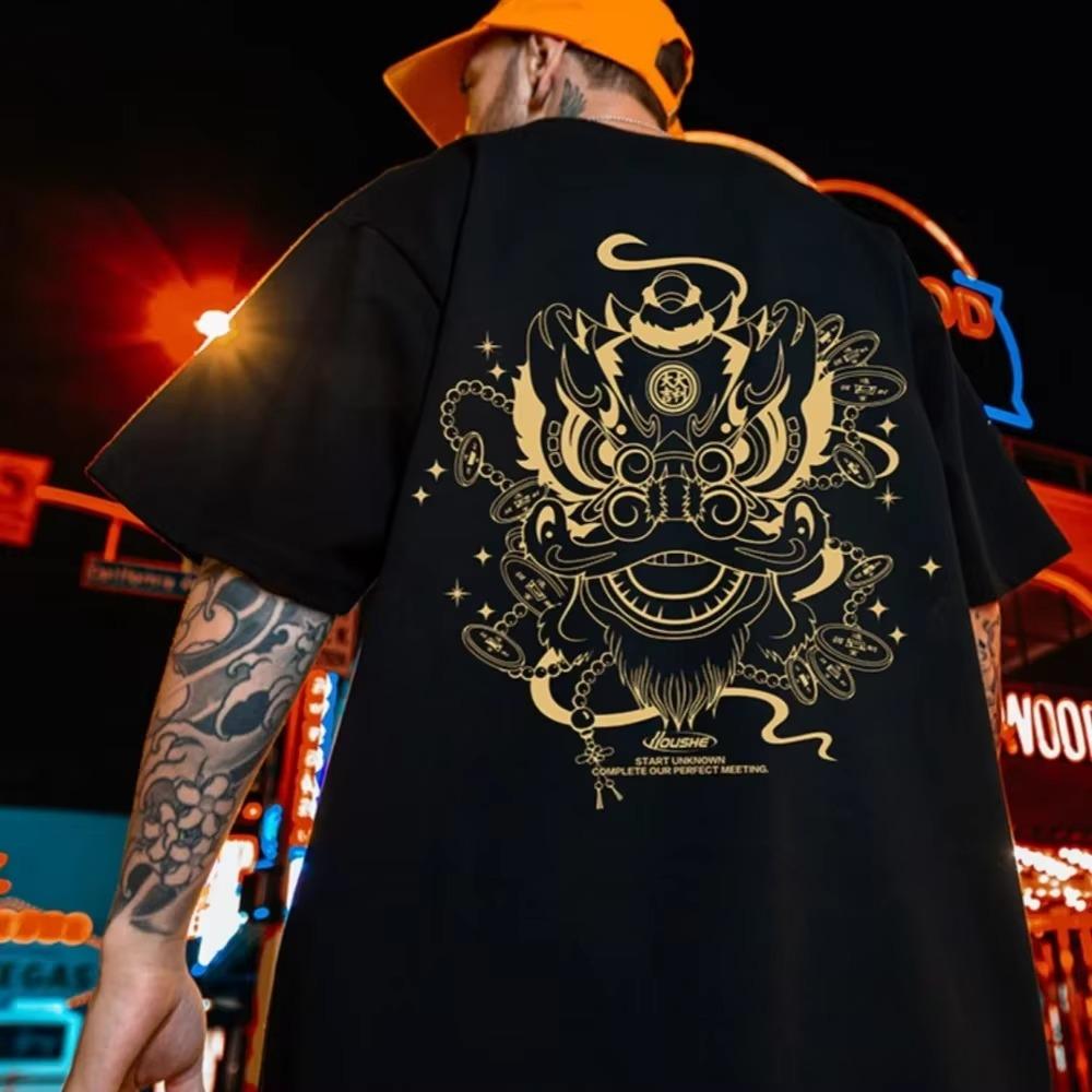 

Футболка свободного покроя из хлопка, свободные топы, футболка для одежды, дышащая футболка с коротким рукавом и узором китайского дракона, уличная одежда, рекомендуем XXXXXL чёрный