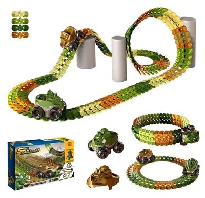 7JI Set de șine pentru vagon cu dinozaur, șină DIY, 92 buc, dinozaur care aleargă și nu va cădea, jucărie de mașinuță cu pistă de 360° cu lumină frontală LED, construiește-ți propriul dinozaur