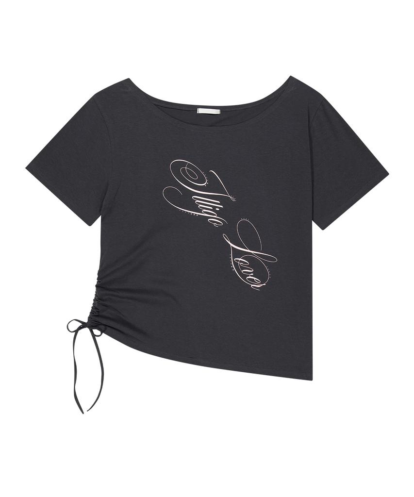 ILLIGO Ribbon String Off-Shoulder T-Shirt Charcoal