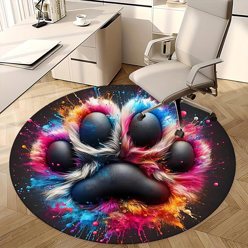 Colorful Paw Print Chair Mat Round Carpet for Home Decor, Office Use, Gift Idea Suitable for Bedroom, Living Room, s0124b