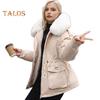 Winterjacke aus Baumwolle für Damen, pelzige Kapuze, verdickter Plüsch, lange Ärmel, elastische Taille, Taschen, Reißverschluss, Mantel, mittellang, winddicht, warm, Daunenmantel