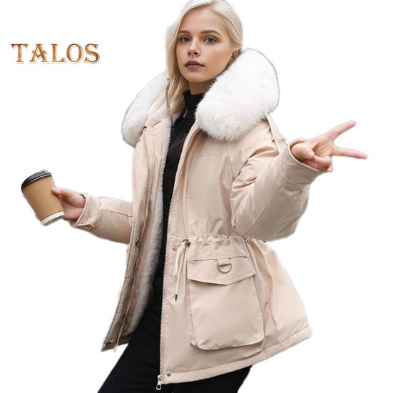 Winterjacke aus Baumwolle für Damen, pelzige Kapuze, verdickter Plüsch, lange Ärmel, elastische Taille, Taschen, Reißverschluss, Mantel, mittellang, winddicht, warm, Daunenmantel