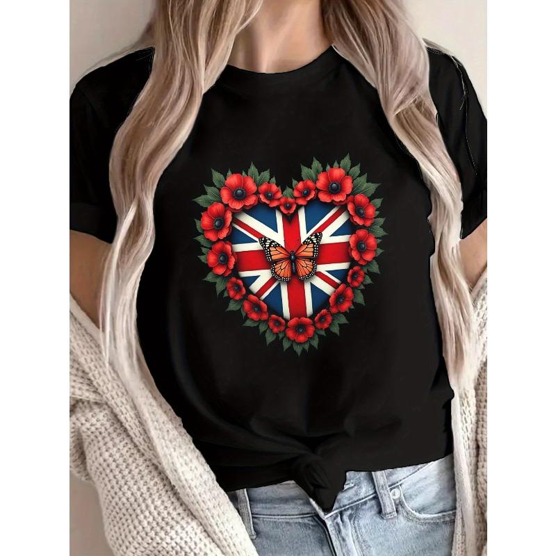 

European sizes Heart with Union Jack and Poppies Print T-shirt, Short Sleeve Crew Neck Casual Top for Summer & Spring, Women s Clothing 4XL