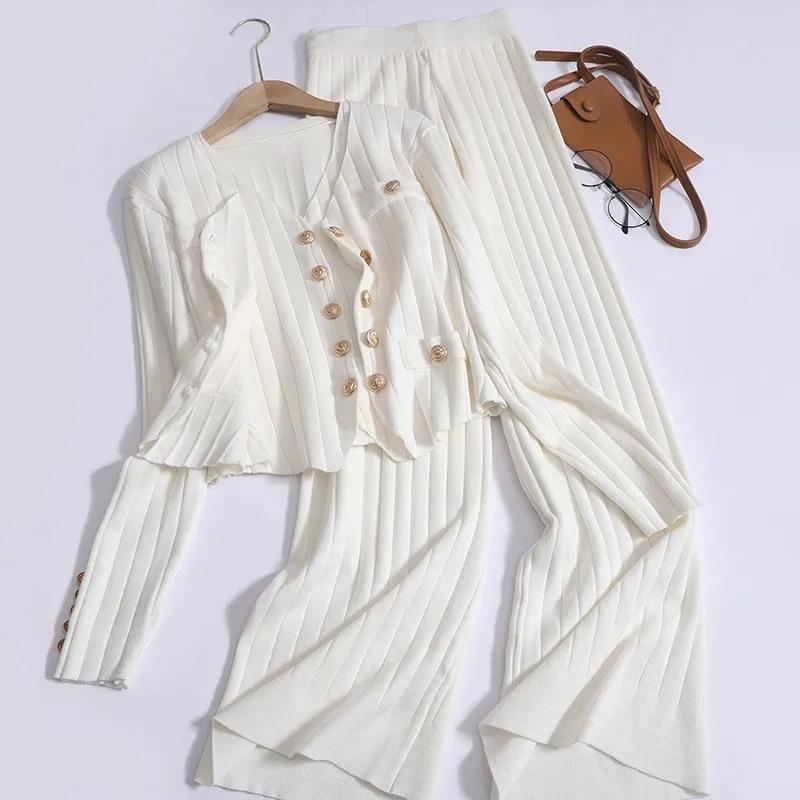 Women's Knitted Sweater Set: Buttoned Cardigan Vest with High-Waist Ribbed Knit Long Pants - Fashionable & Casual 3-Piece Style